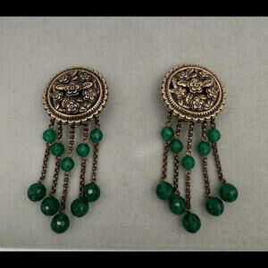 Stephen Dweck Vintage Floral Dangle Gold Tone Emerald Clip Earrings